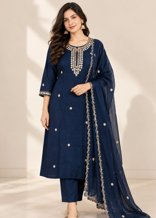 A woman models a navy blue traditional Indian outfit consisting of a kurta, trouser pants, and a matching dupatta. The outfit features intricate silver and gold embroidery around the neckline and scattered motifs on the fabric, paired with matching embroidered borders on the dupatta.