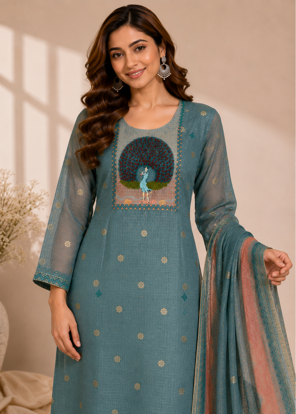 A woman models a teal blue-green traditional Indian salwar kameez suit with a matching dupatta. The kurta features a printed peacock motif on the chest, gold zari dot patterns, and a sheer three-quarter sleeve.
