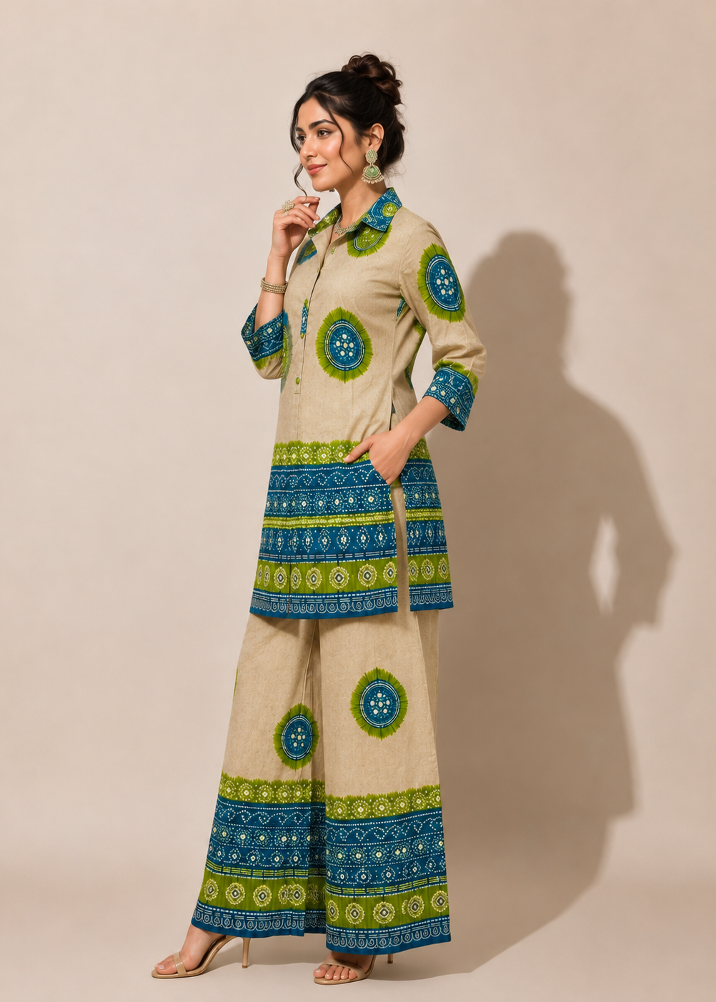 A woman modeling a beige two-piece kurta and trouser set with green and blue geometric patterns, standing against a plain beige background.