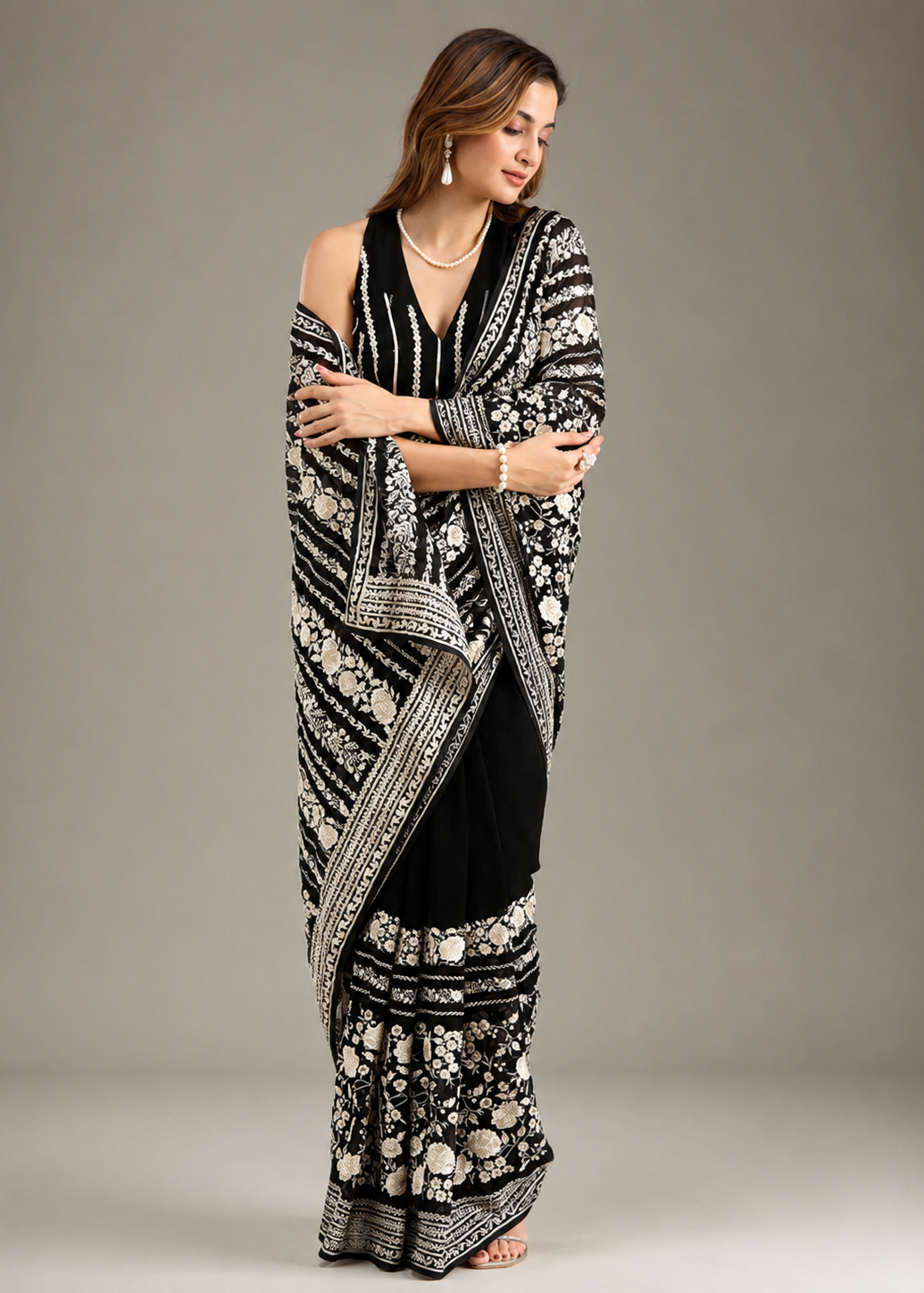 Black Floral Woven Designer Saree with Blouse Piece