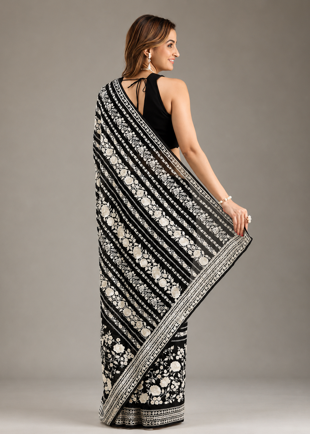 Black Floral Woven Designer Saree with Blouse Piece
