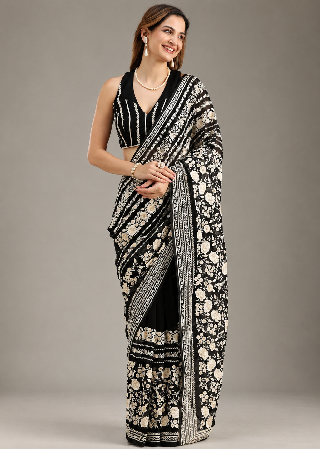 Black Floral Woven Designer Saree with Blouse Piece