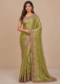 Olive Green Embroidered Satin Saree