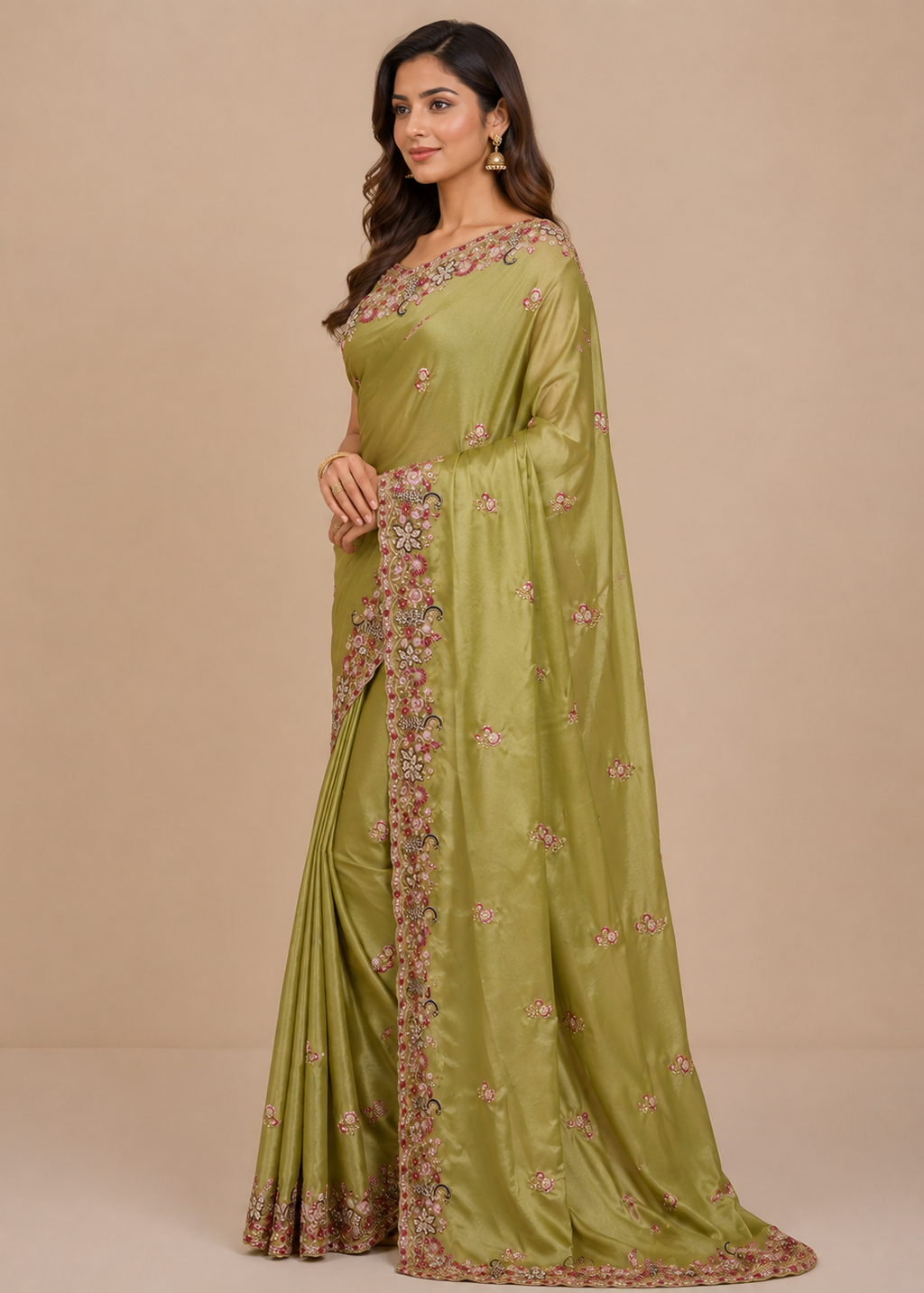 Olive Green Embroidered Satin Saree