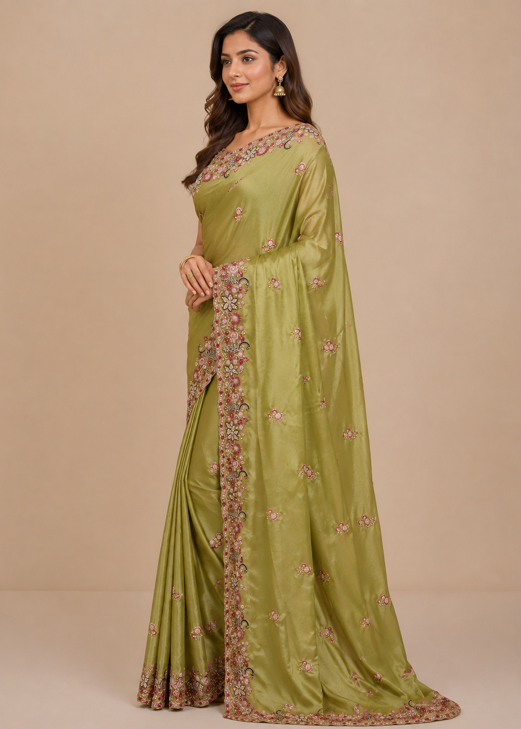Olive Green Embroidered Satin Saree