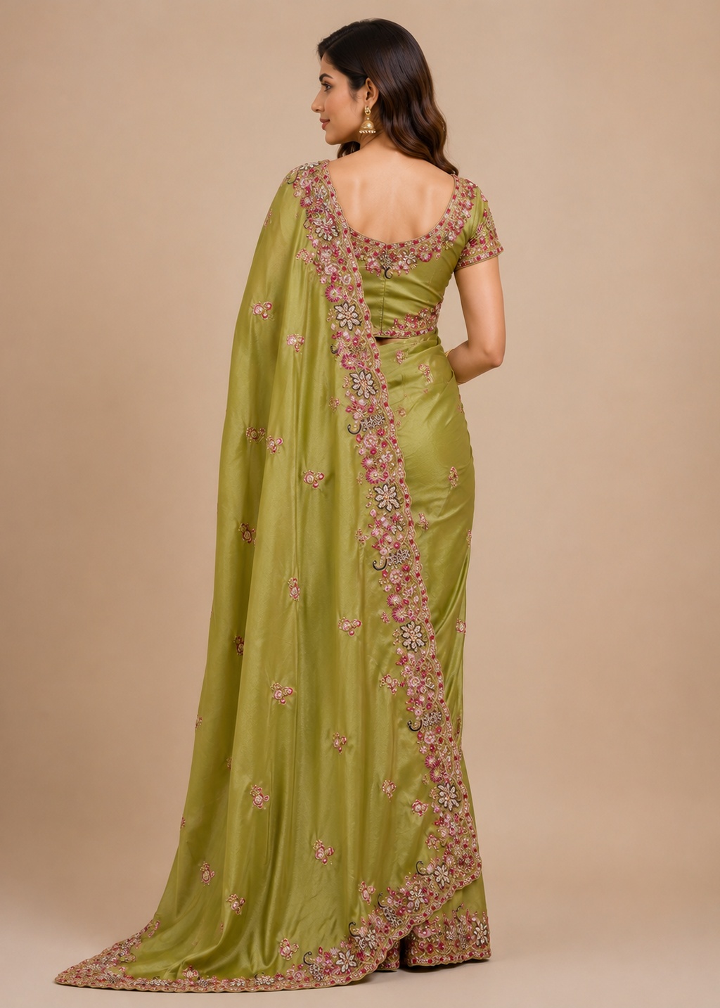 Olive Green Embroidered Satin Saree