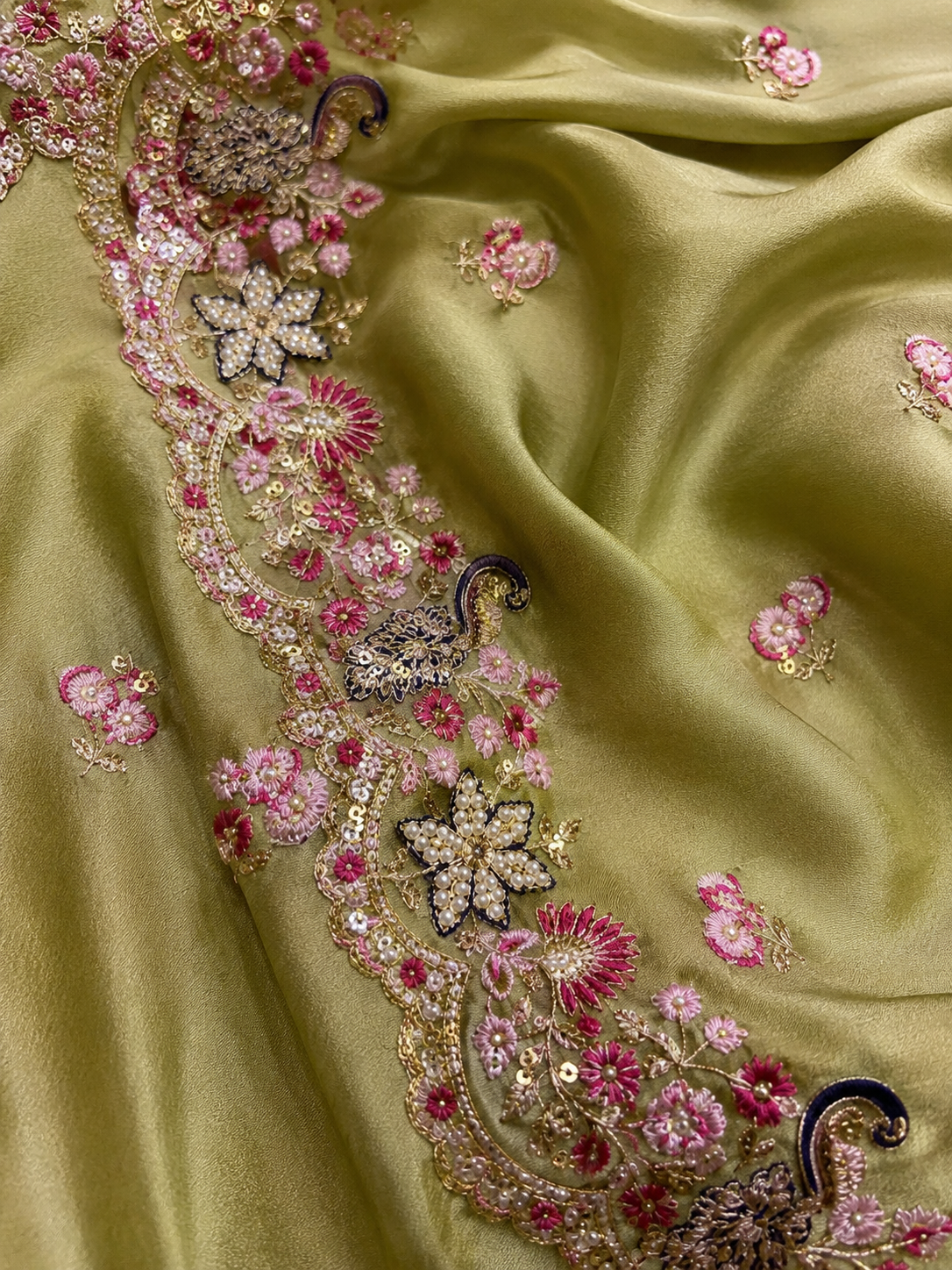 Olive Green Embroidered Satin Saree