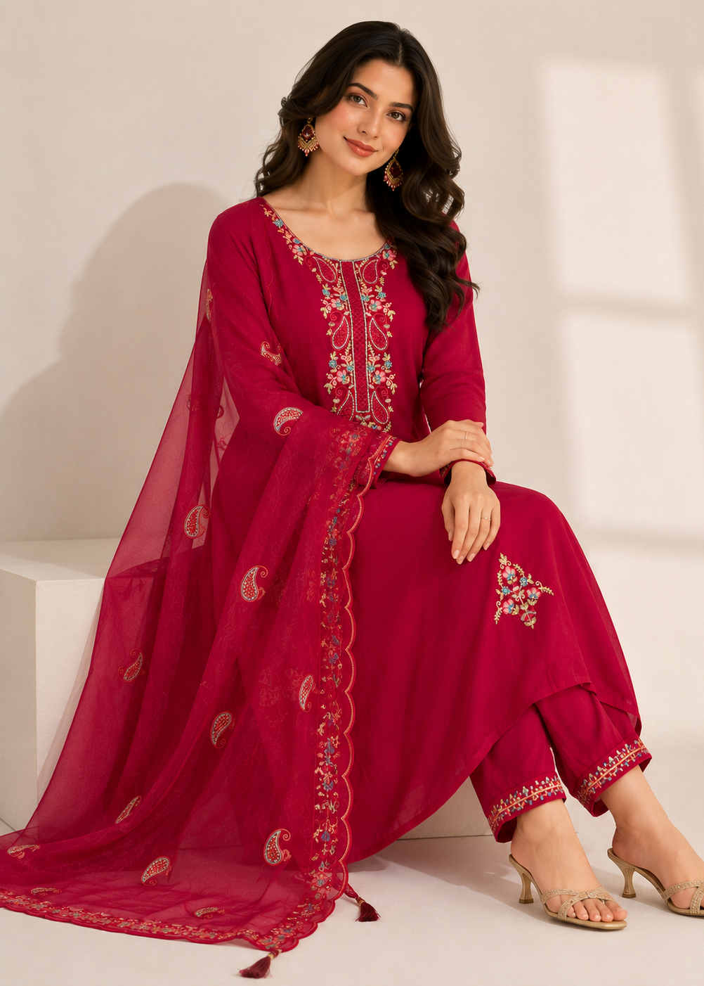 A woman models a deep magenta pink traditional Indian salwar kameez suit set with intricate gold and silver embroidery, featuring a matching sheer dupatta.