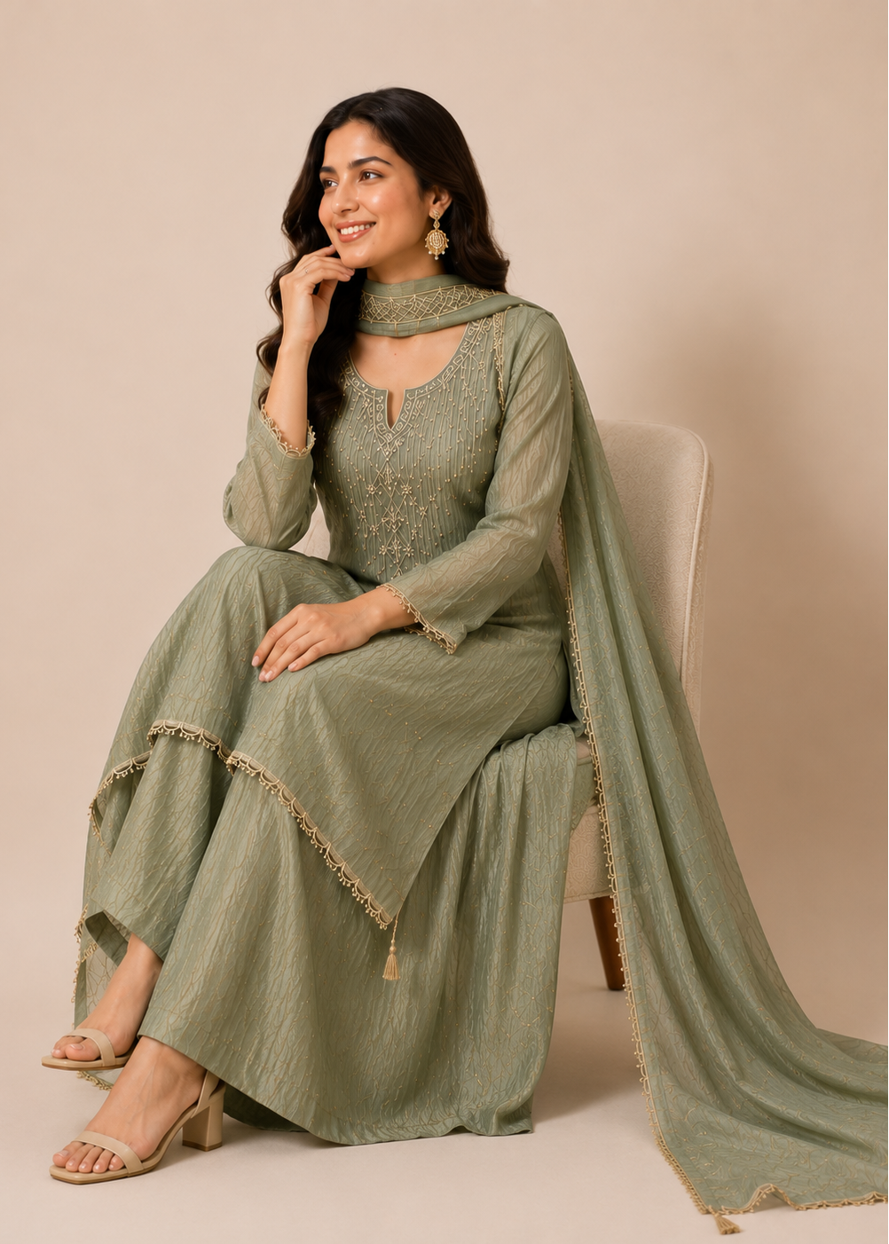 A woman seated on a light-colored chair wearing a sage green traditional outfit with a matching dupatta, set against a plain beige studio background.