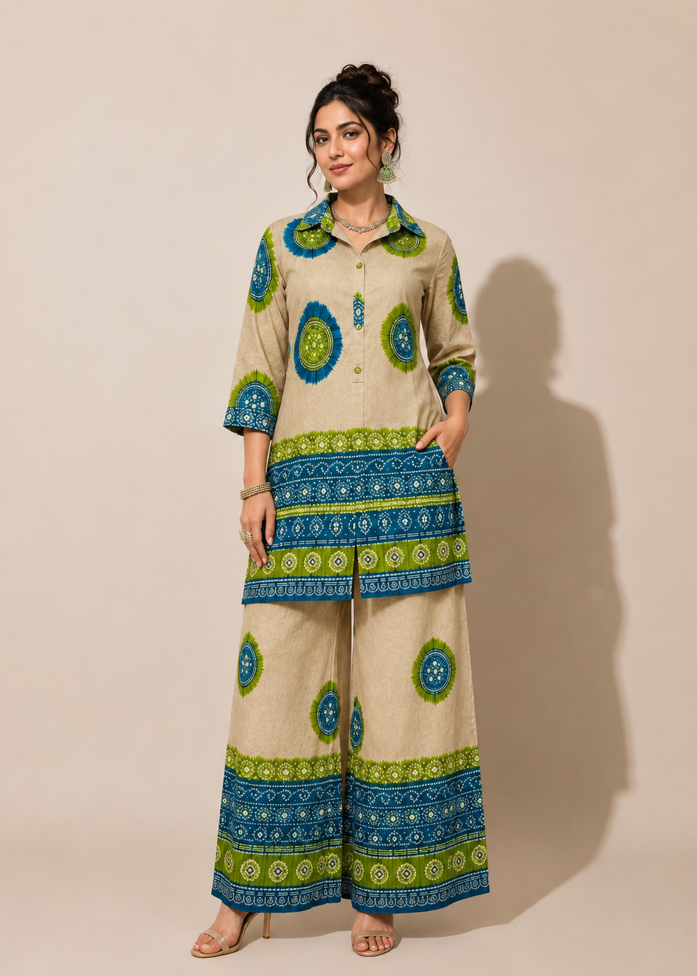 A woman modeling a beige two-piece kurta set with blue and green printed patterns, standing against a solid beige studio background.