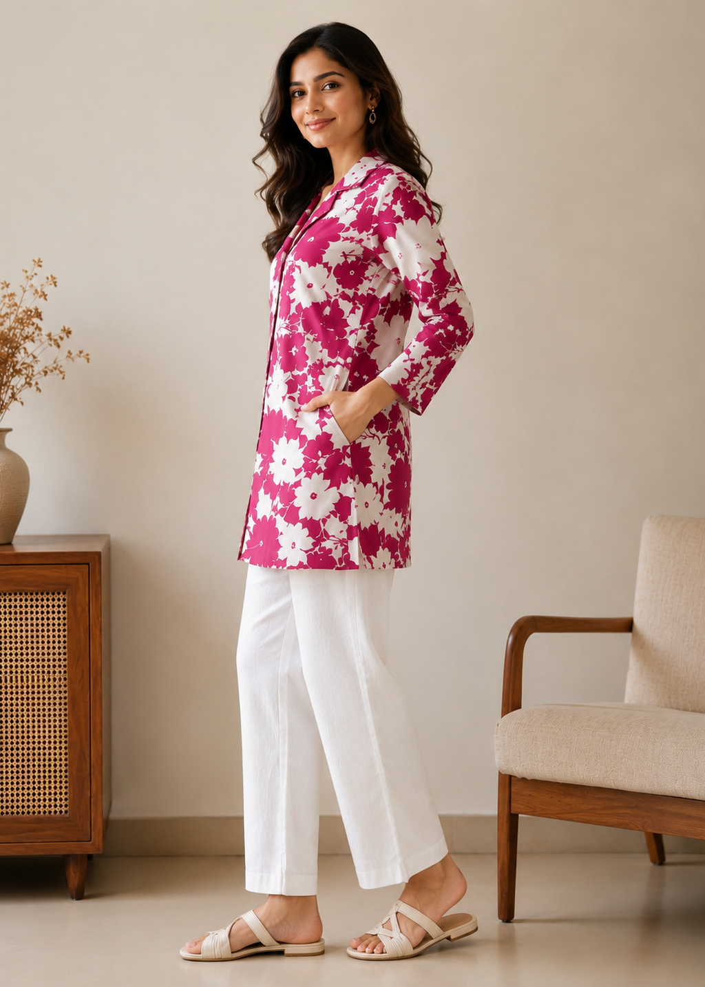 Woman wearing a pink floral top and white pants standing in a room with a chair and cabinet.
