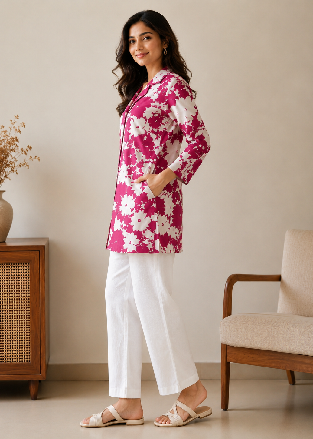 Woman wearing a pink floral top and white pants standing in a room with a chair and cabinet.