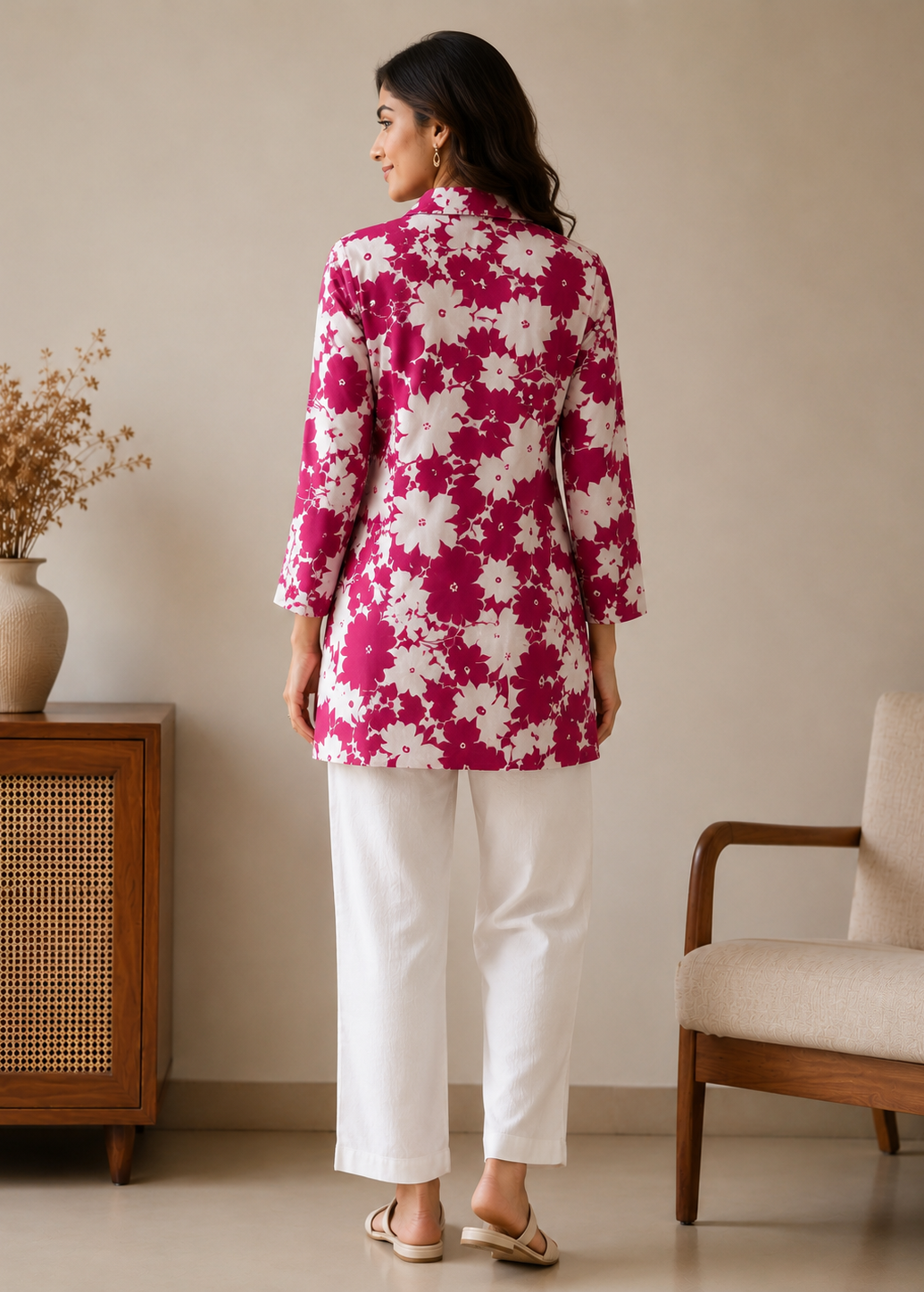 Pink Floral Printed Co-Ord Set with White Pant