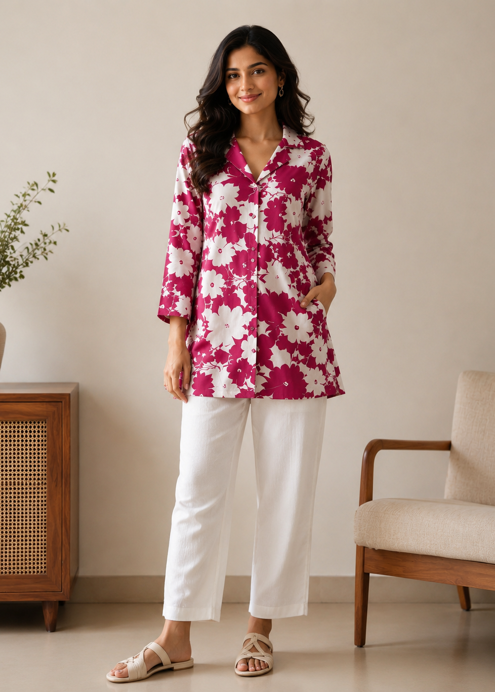 Woman wearing a pink floral blouse and white pants standing in a room with a wooden cabinet and chair.