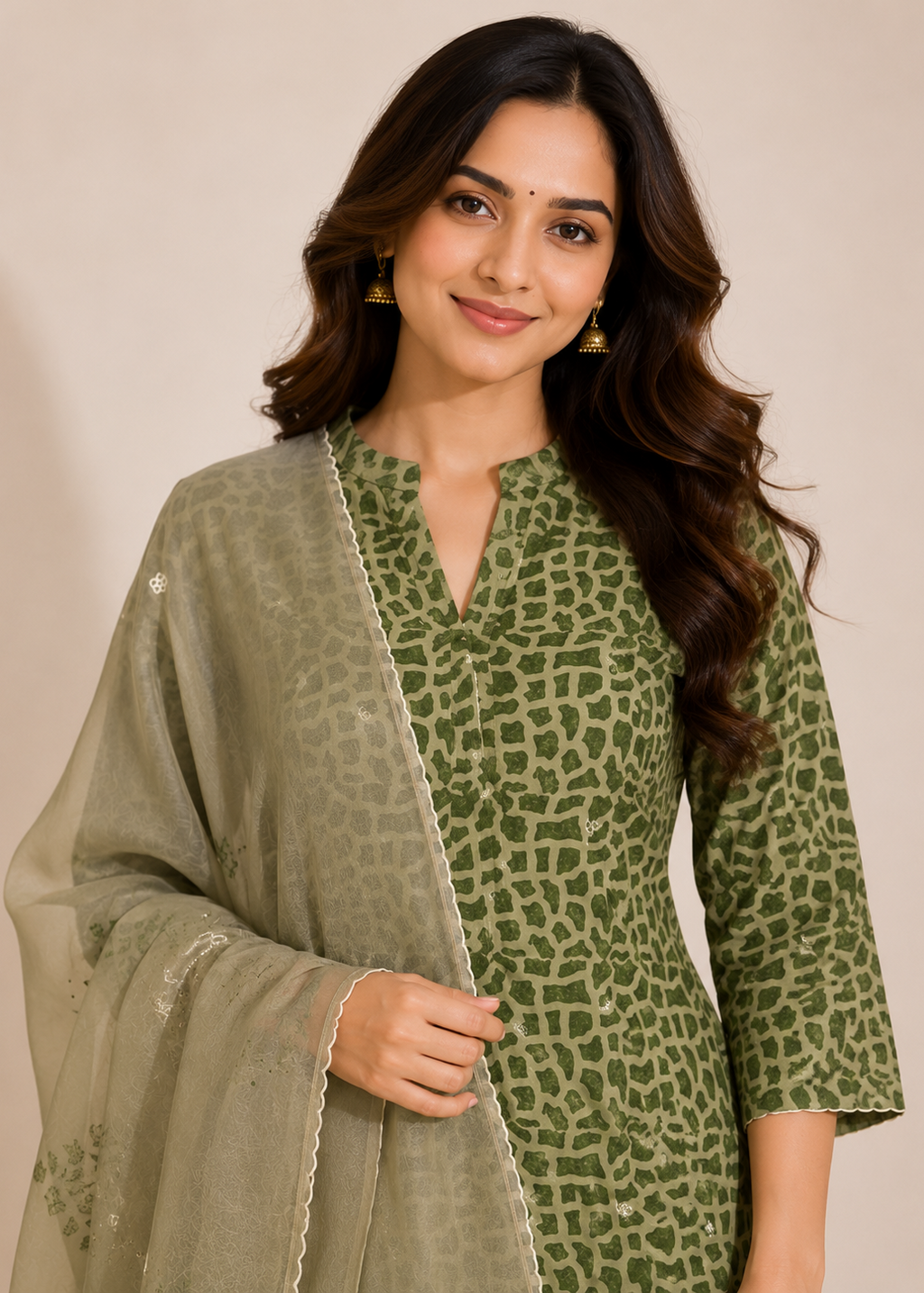 A woman modeling a green and olive animal print kurta with a matching sheer olive dupatta, set against a plain beige background.