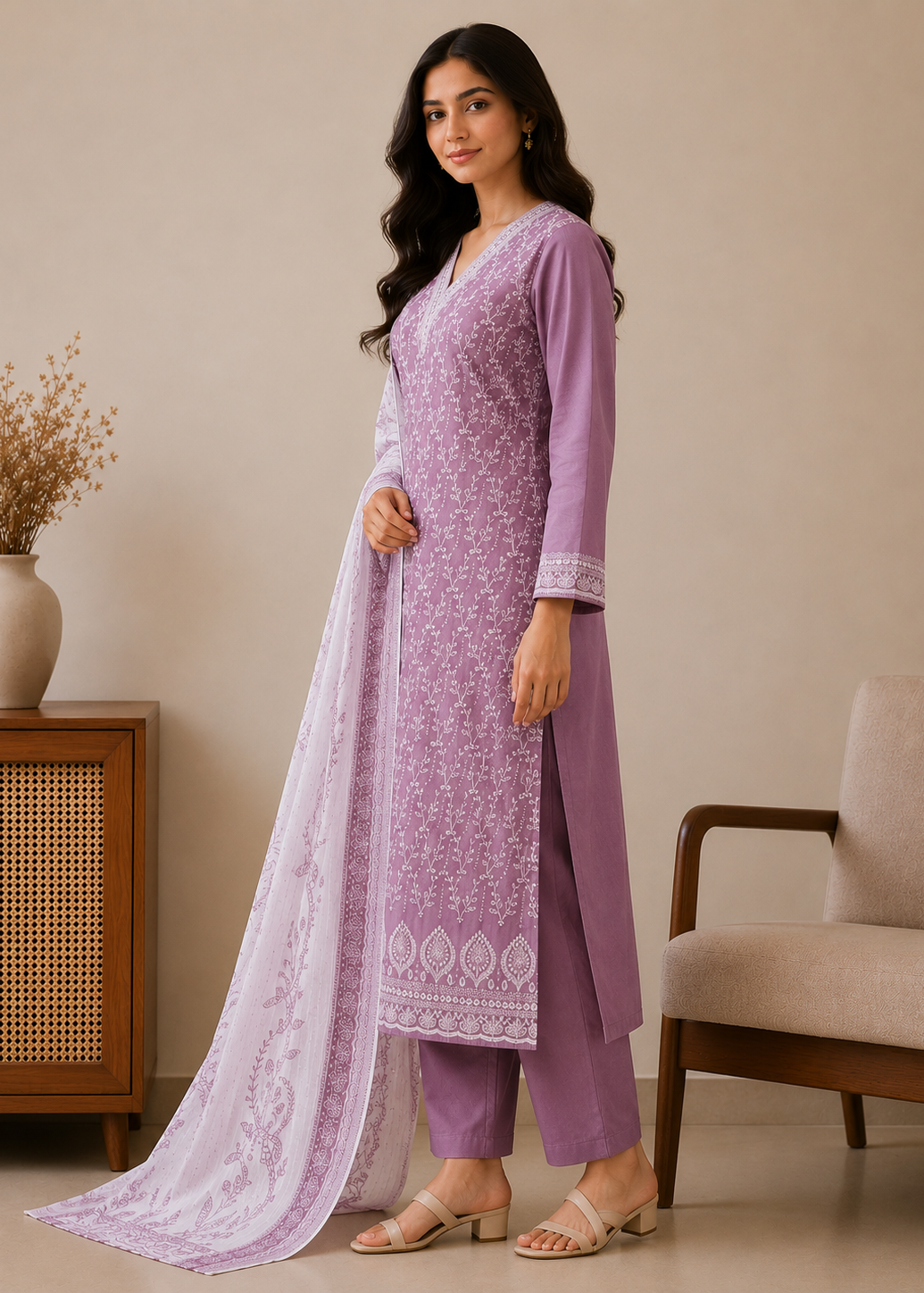 Woman wearing a purple traditional outfit with a white dupatta in a room setting.