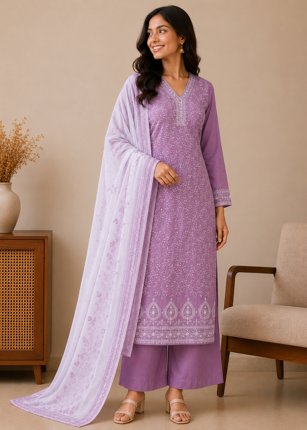 Woman wearing a purple traditional outfit with a white dupatta in a room setting.
