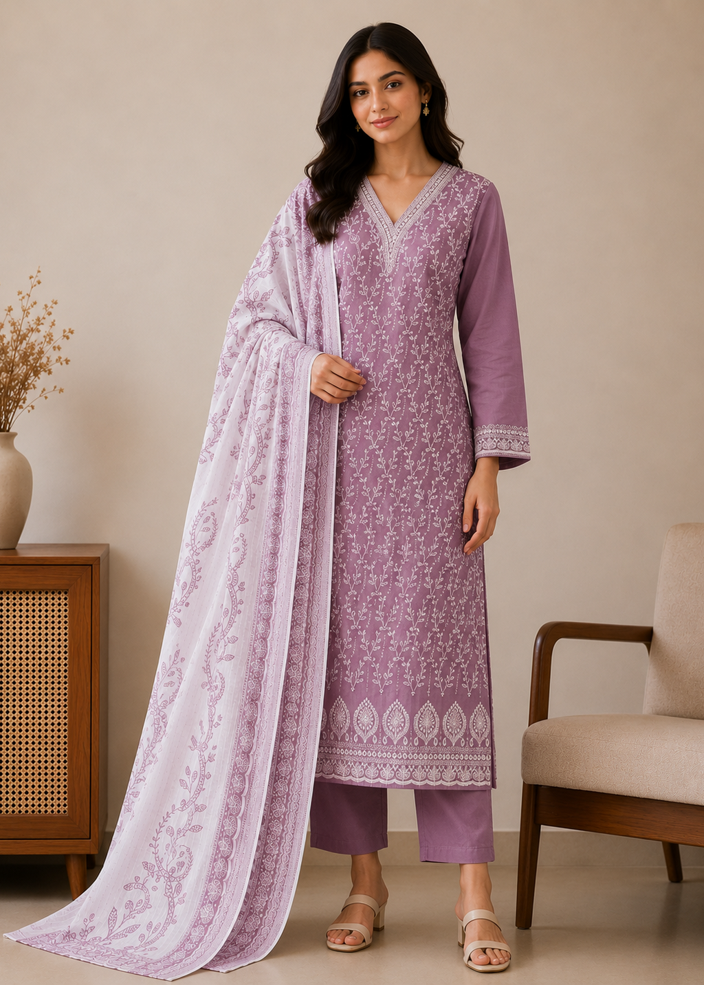 Zaria Lavender Luxe Embroidered Kurta Set with Dupatta