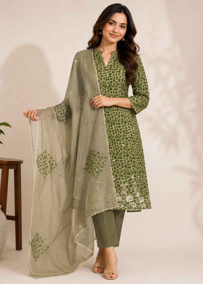 A woman models a three-piece Indian ethnic suit set featuring an olive green printed kurta, matching olive green pants, and a sheer sage green dupatta with printed motifs, set against a warm beige background.