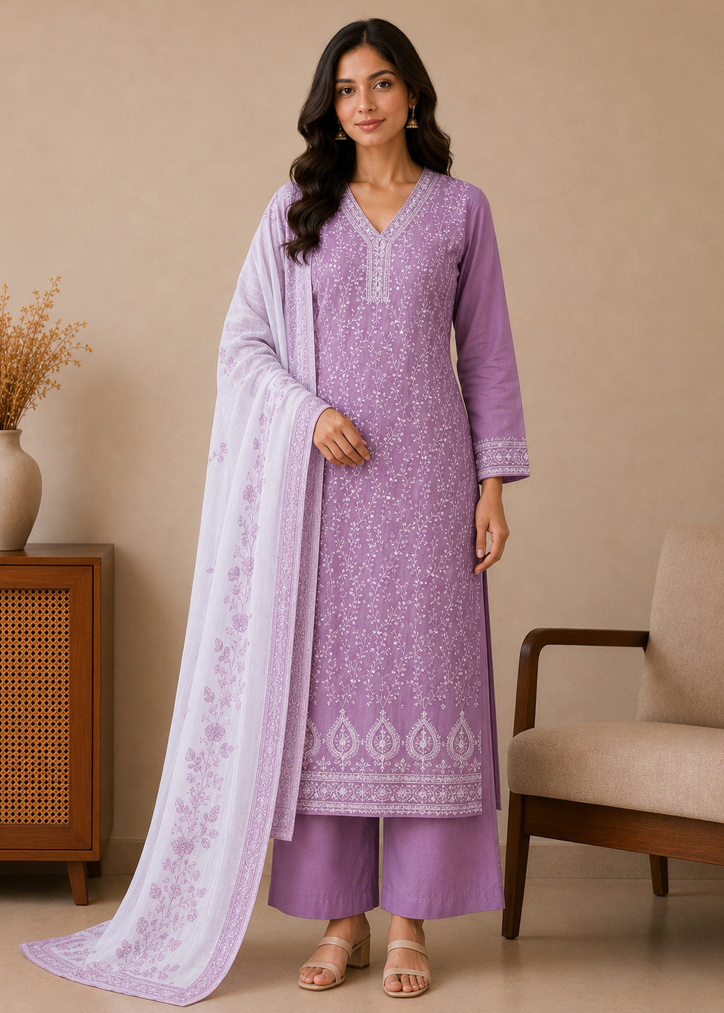 Zaria Lavender Luxe Embroidered Kurta Set with Dupatta