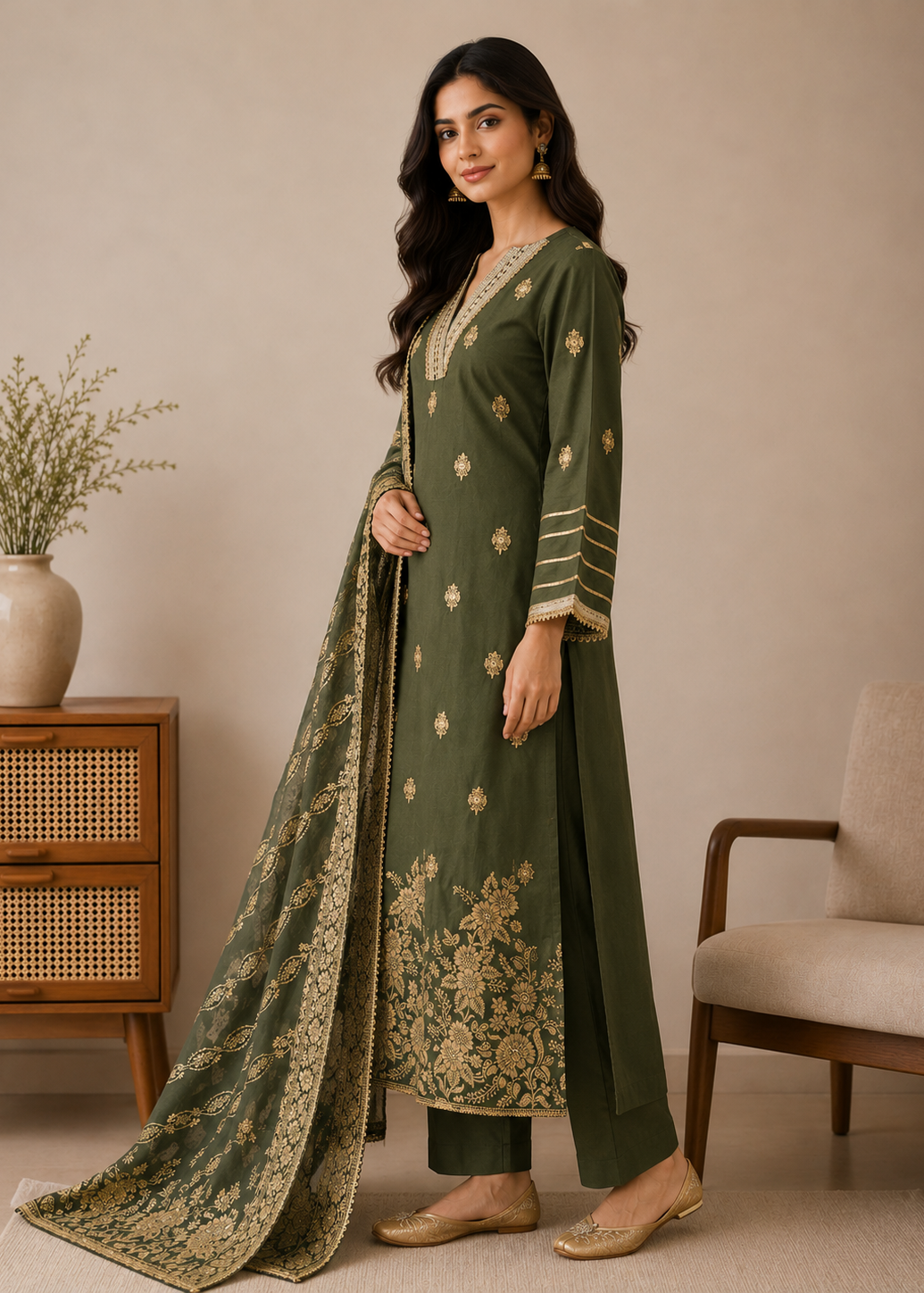 Olive Green Zari Embroidered Kurta Set with Dupatta for Women