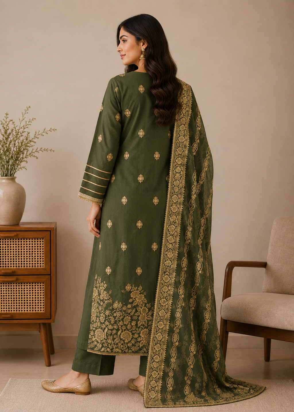 Olive Green Zari Embroidered Kurta Set with Dupatta for Women