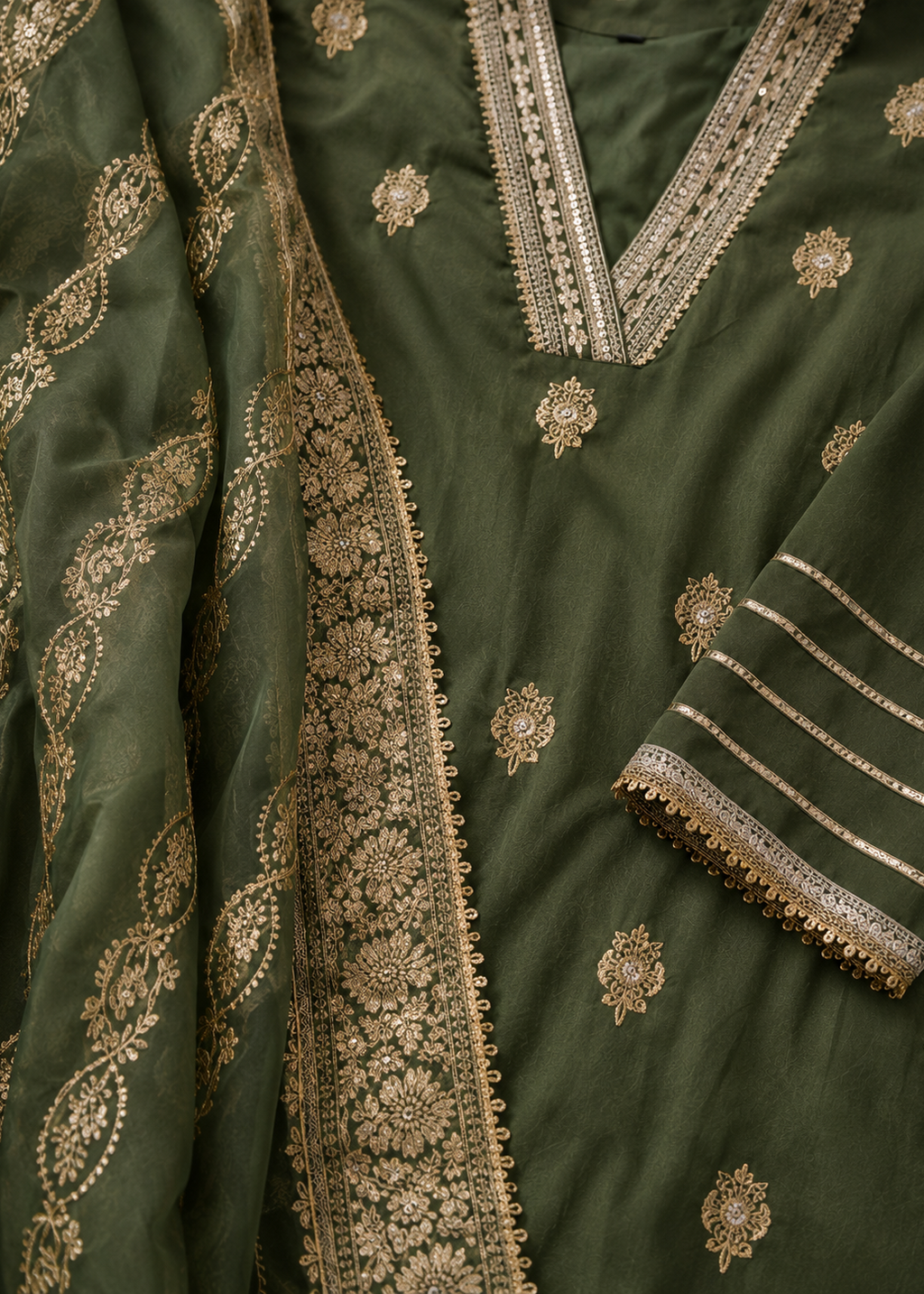 Olive Green Zari Embroidered Kurta Set with Dupatta for Women