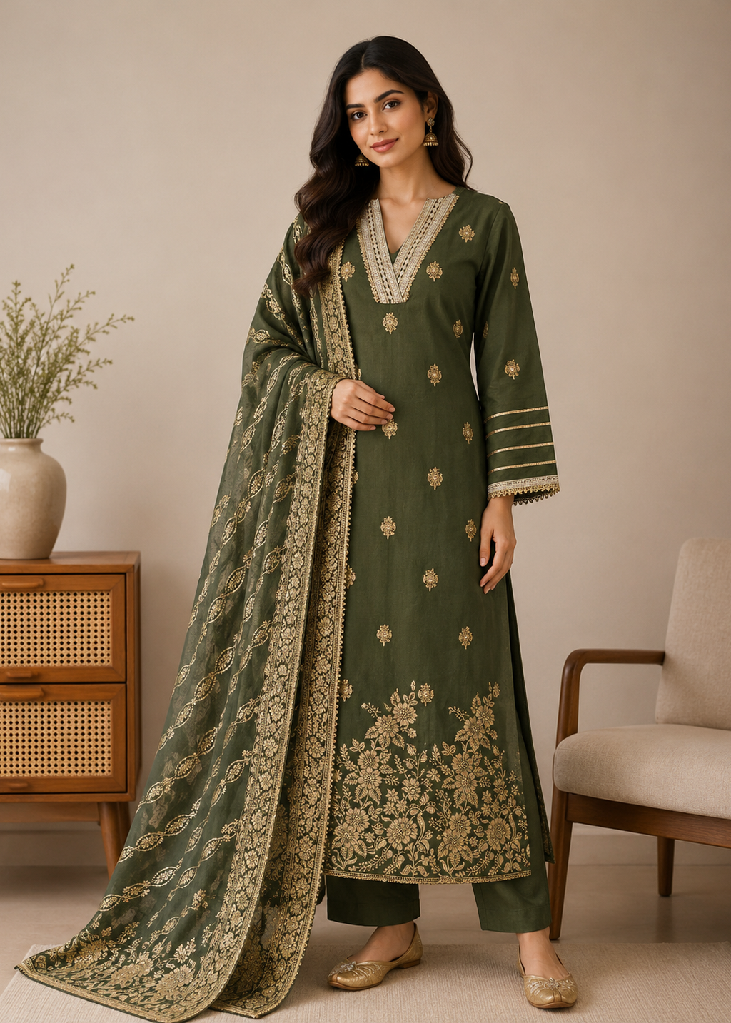 Woman wearing a green embroidered outfit with a matching dupatta in a room setting.