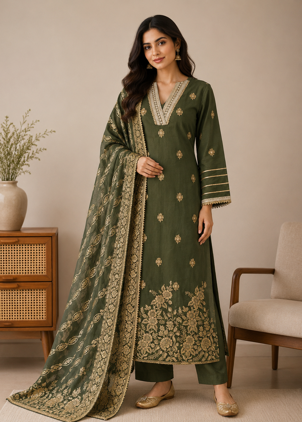 Woman wearing a green embroidered outfit with a matching dupatta in a room setting.