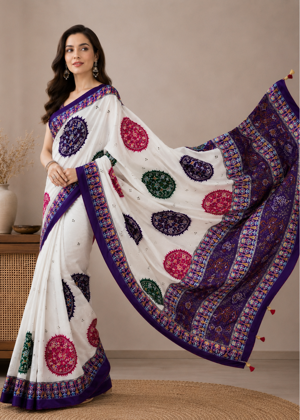 Woman wearing a white saree with colorful patterns in a room setting