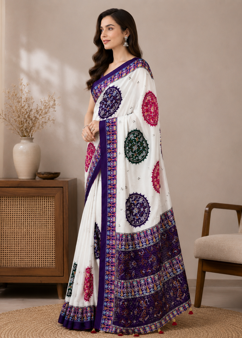 Royal Patola Inspired White Saree with Multicolor Mandala Print & Purple Border