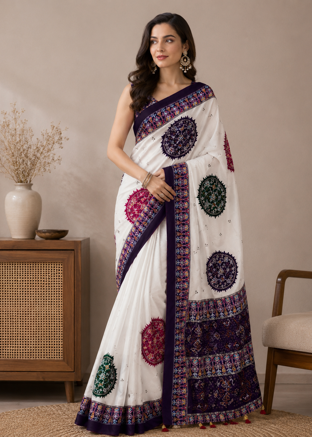 Royal Patola Inspired White Saree with Multicolor Mandala Print & Purple Border