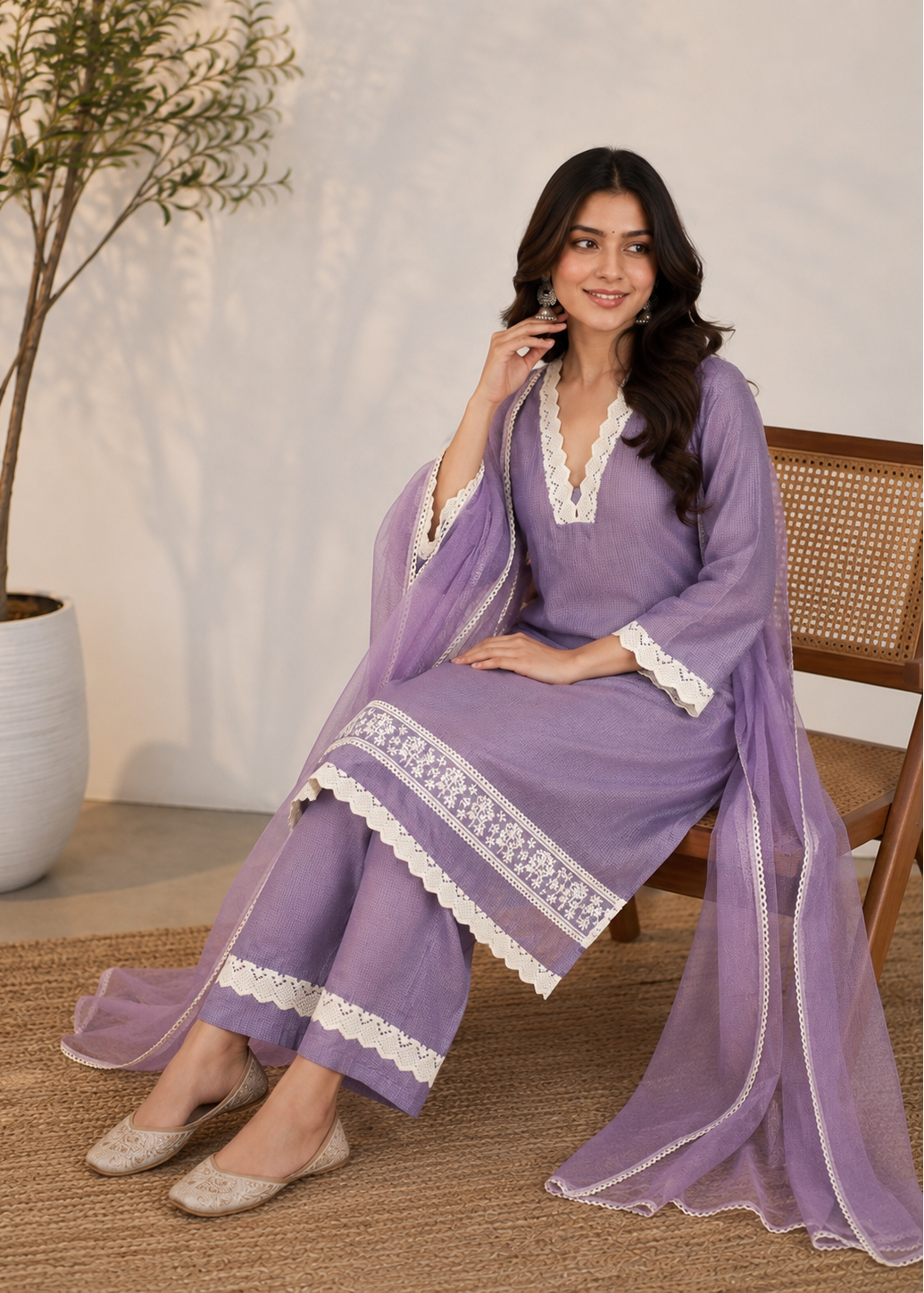 A woman models a lavender purple ethnic suit set with white lace trim, consisting of a kurta, trousers, and a matching dupatta, while sitting on a wooden chair.