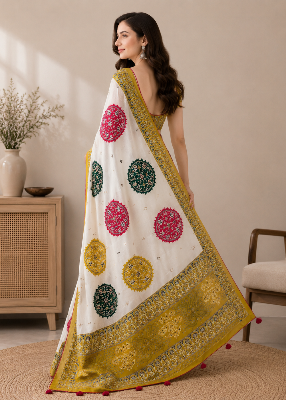 Woman wearing a white saree with colorful patterns in a room setting