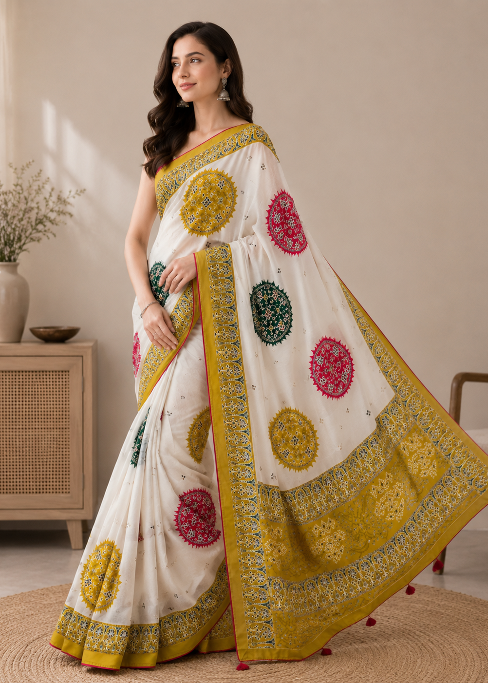 Woman wearing a traditional saree with colorful patterns in a home setting