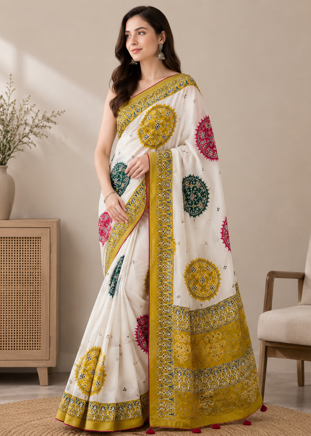 Woman wearing a traditional saree with floral patterns in a home setting