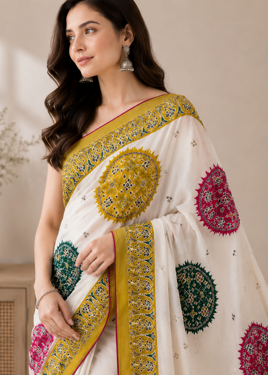Woman wearing a traditional saree with intricate patterns in a neutral setting