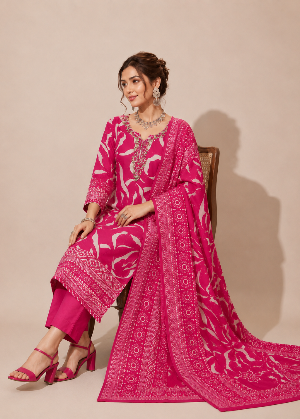 A woman seated on a wooden chair wearing a bright pink traditional outfit with white floral and geometric patterns, matching pants, and a long draped dupatta, against a plain beige studio background.
