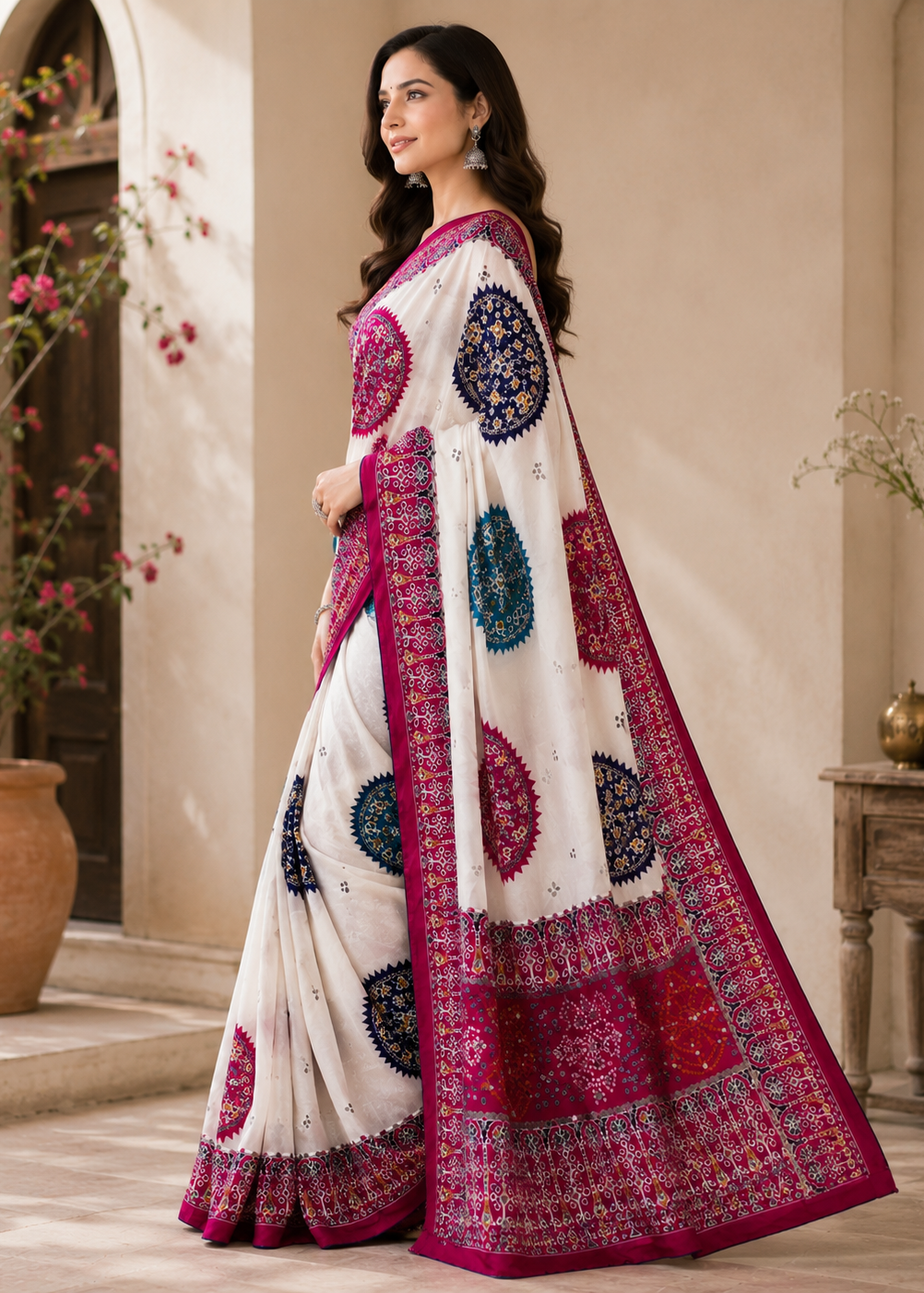 Woman wearing a traditional saree with a decorative pattern in an indoor setting.