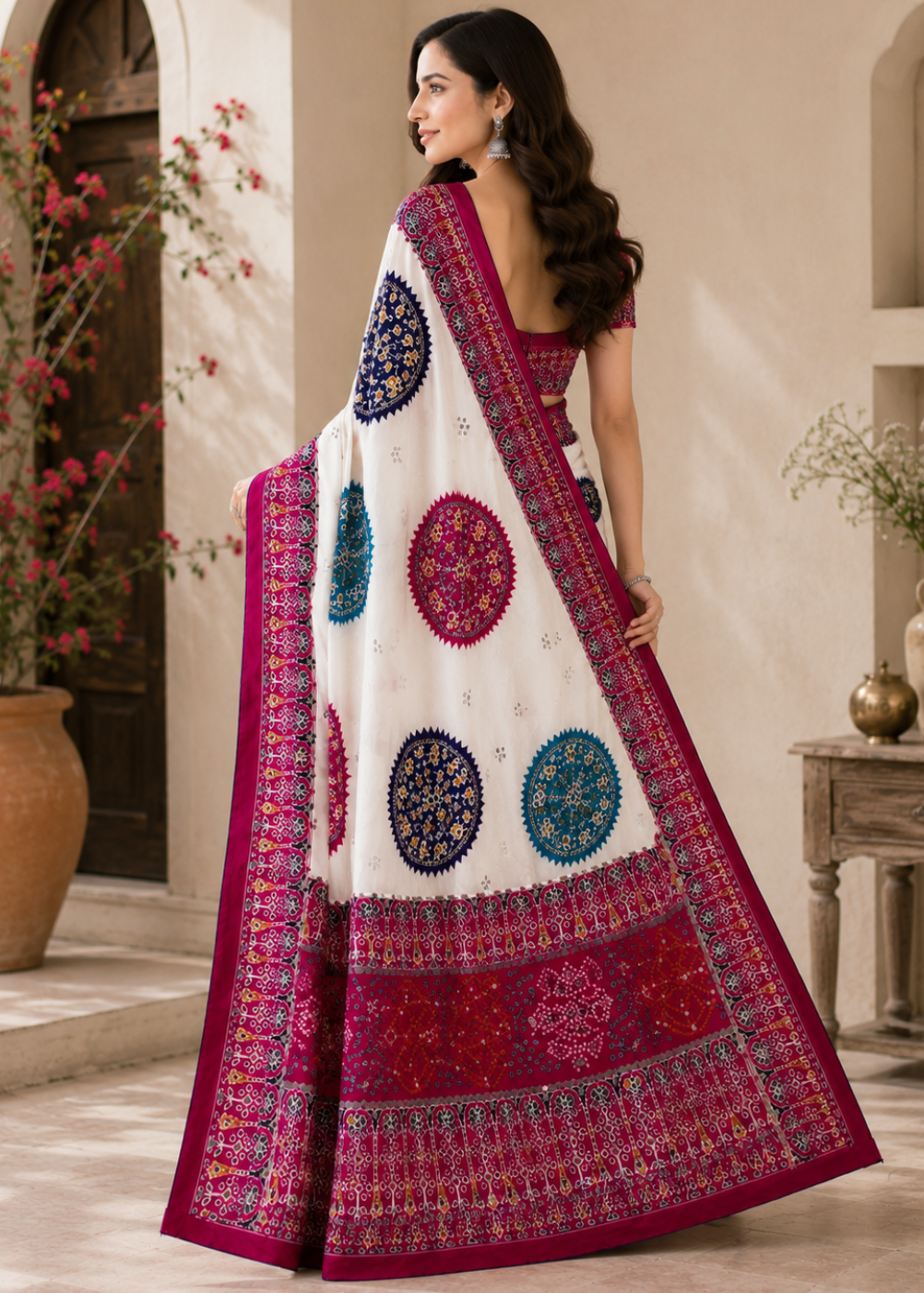 Royal Patola Inspired White Saree with Multicolor Mandala Print & Rani Pink Border