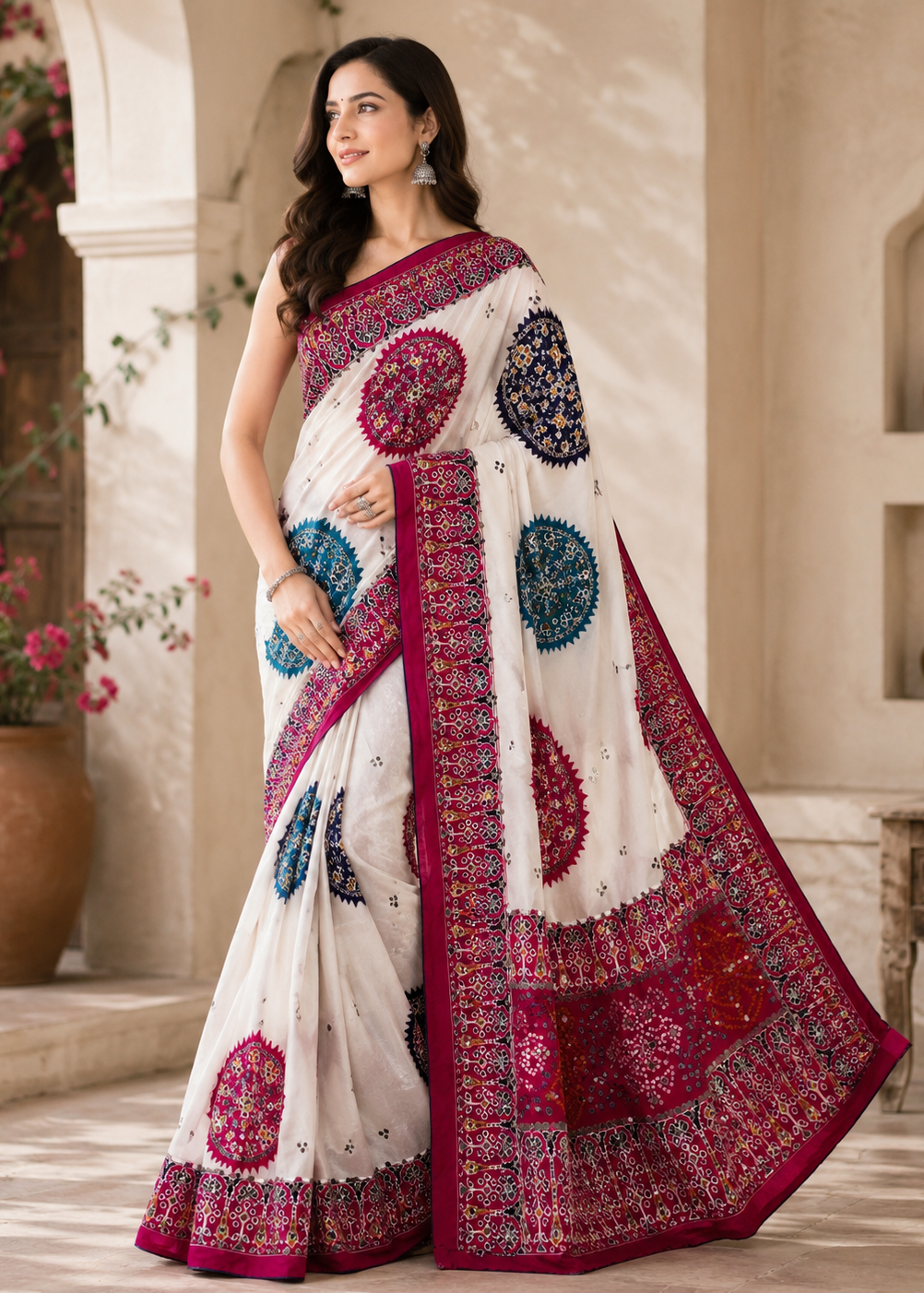 Woman wearing a traditional saree with a decorative pattern in an indoor setting.