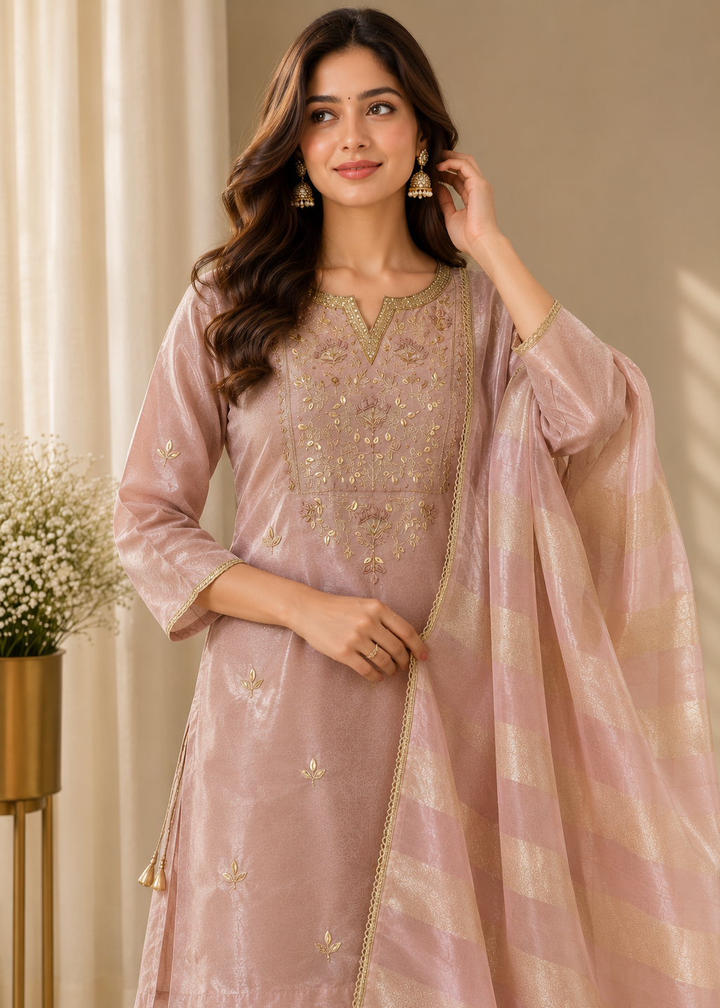 A woman modeling a light pink traditional Indian salwar kameez suit with gold embroidery and a matching striped dupatta, set against a warm beige background with a small potted plant on the left.