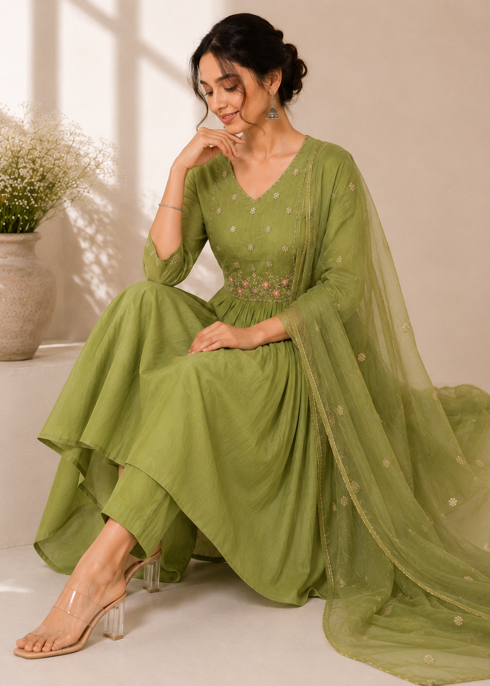 A woman models an olive green traditional outfit with a matching sheer dupatta, featuring embroidered details on the bodice and sleeves, set against a warm beige background with a vase of baby's breath.