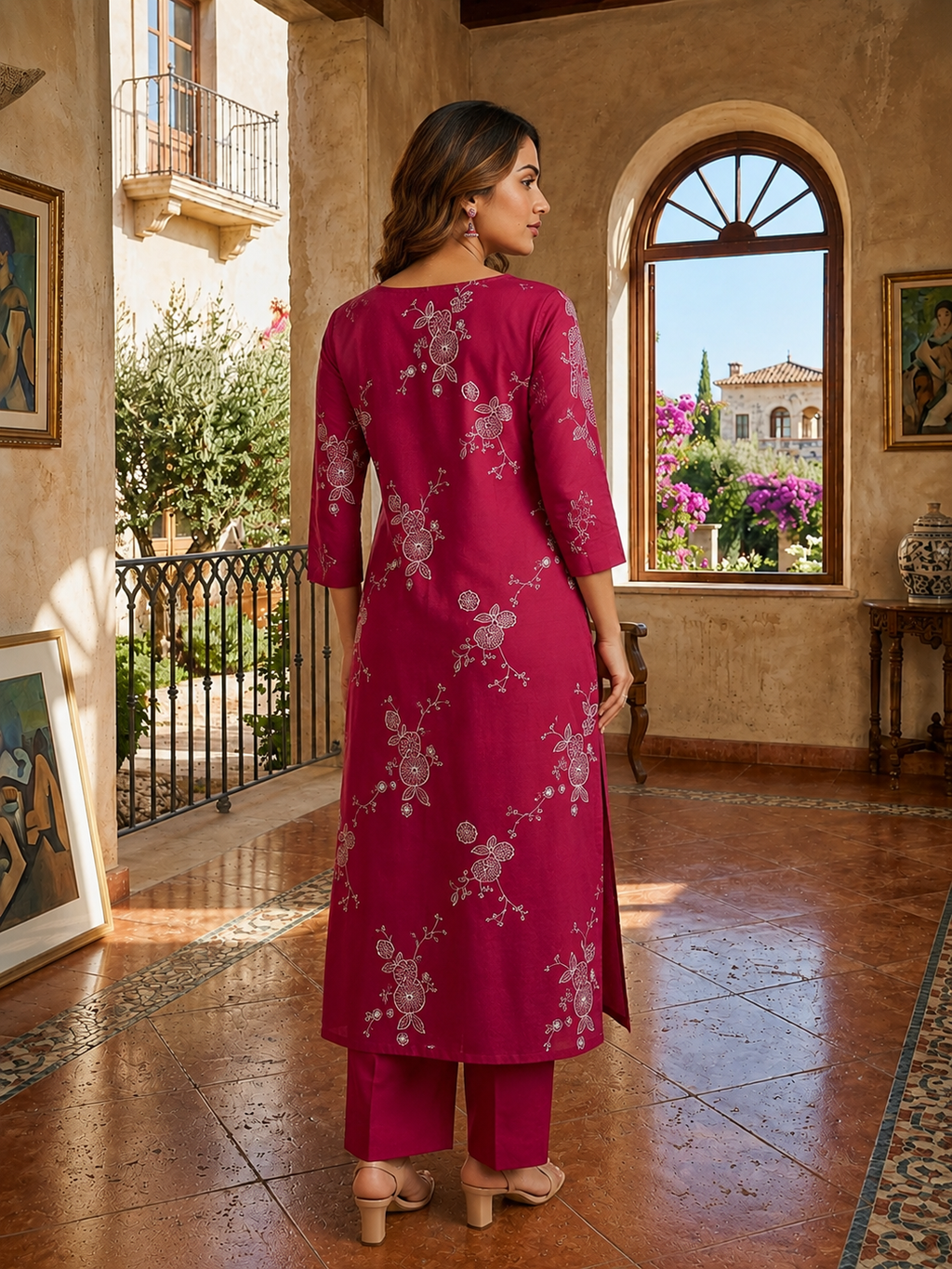 Magenta Floral Embroidered Kurta Pant Set