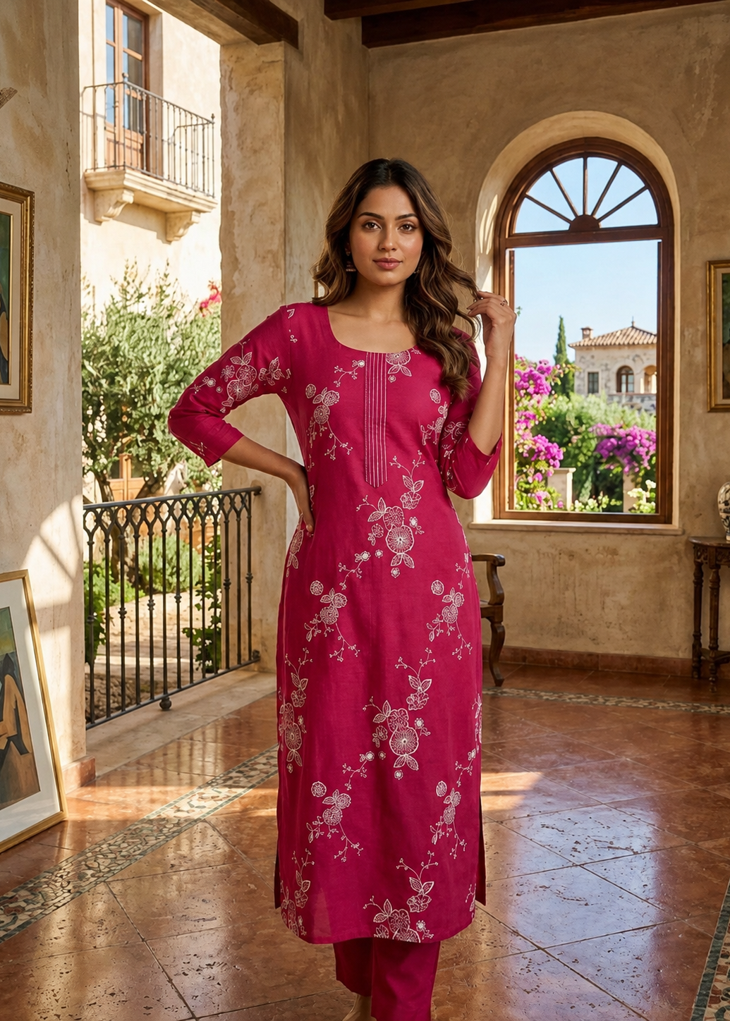 Magenta Floral Embroidered Kurta Pant Set