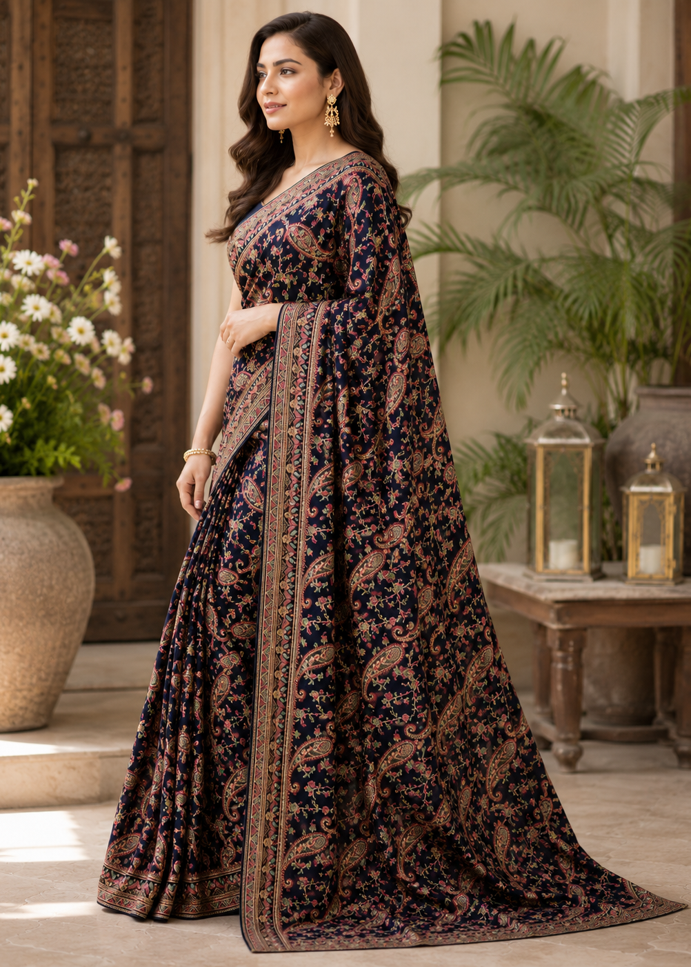 Midnight Navy Kashmiri Work Saree with Swarovski Stone Work on Georgette