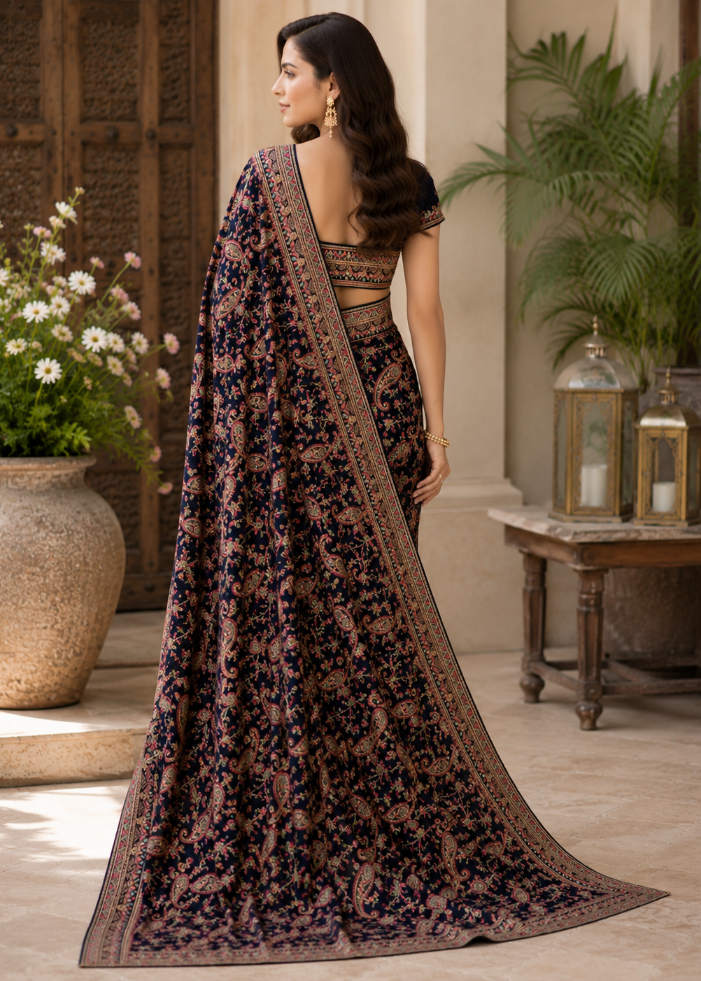 Woman in a floral saree standing in an indoor setting with plants and decor.