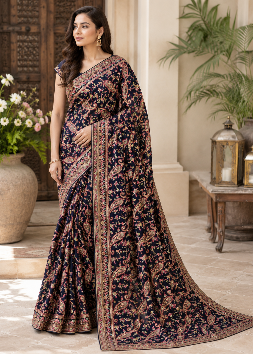 Woman wearing a traditional saree in an outdoor setting with plants and lanterns.