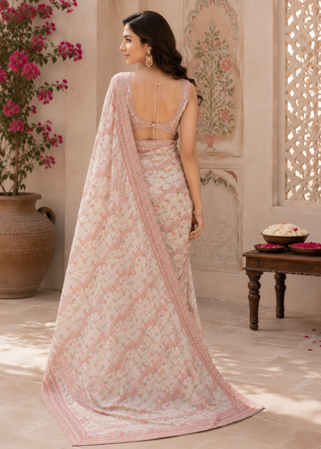 Woman in a pink saree standing in a decorated room with floral decorations.