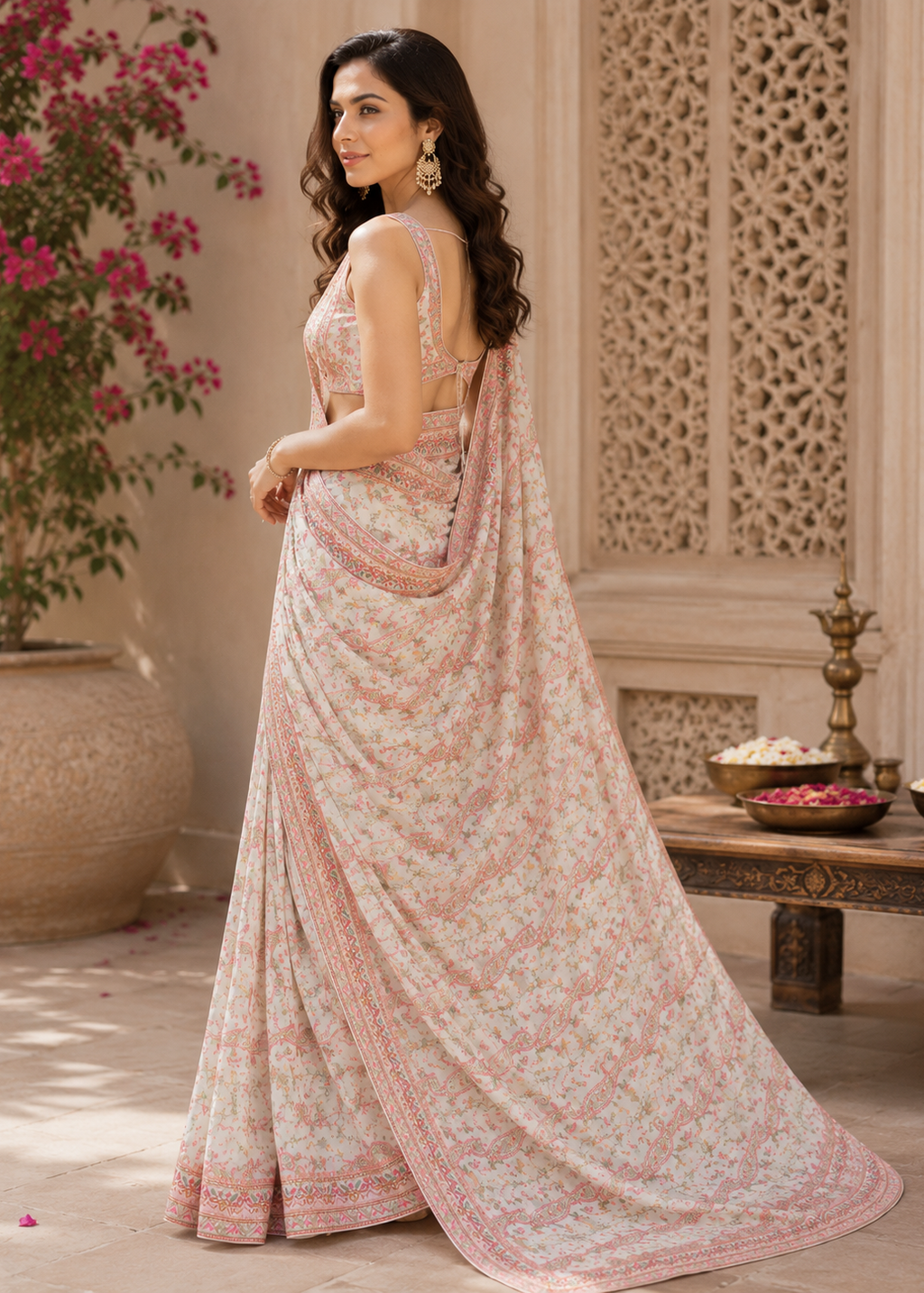 Pastel Ivory Pink Kashmiri Work Saree with Swarovski Stone Work on Georgette